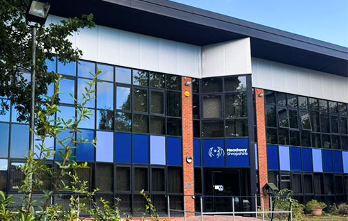 Exterior of the Headway Shropshire centre in Shrewsbury, showing the main entrance and Headway Shropshire signage.