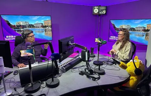 Headway Shropshire client Lorna being interviewed in the BBC Radio Shropshire studio.